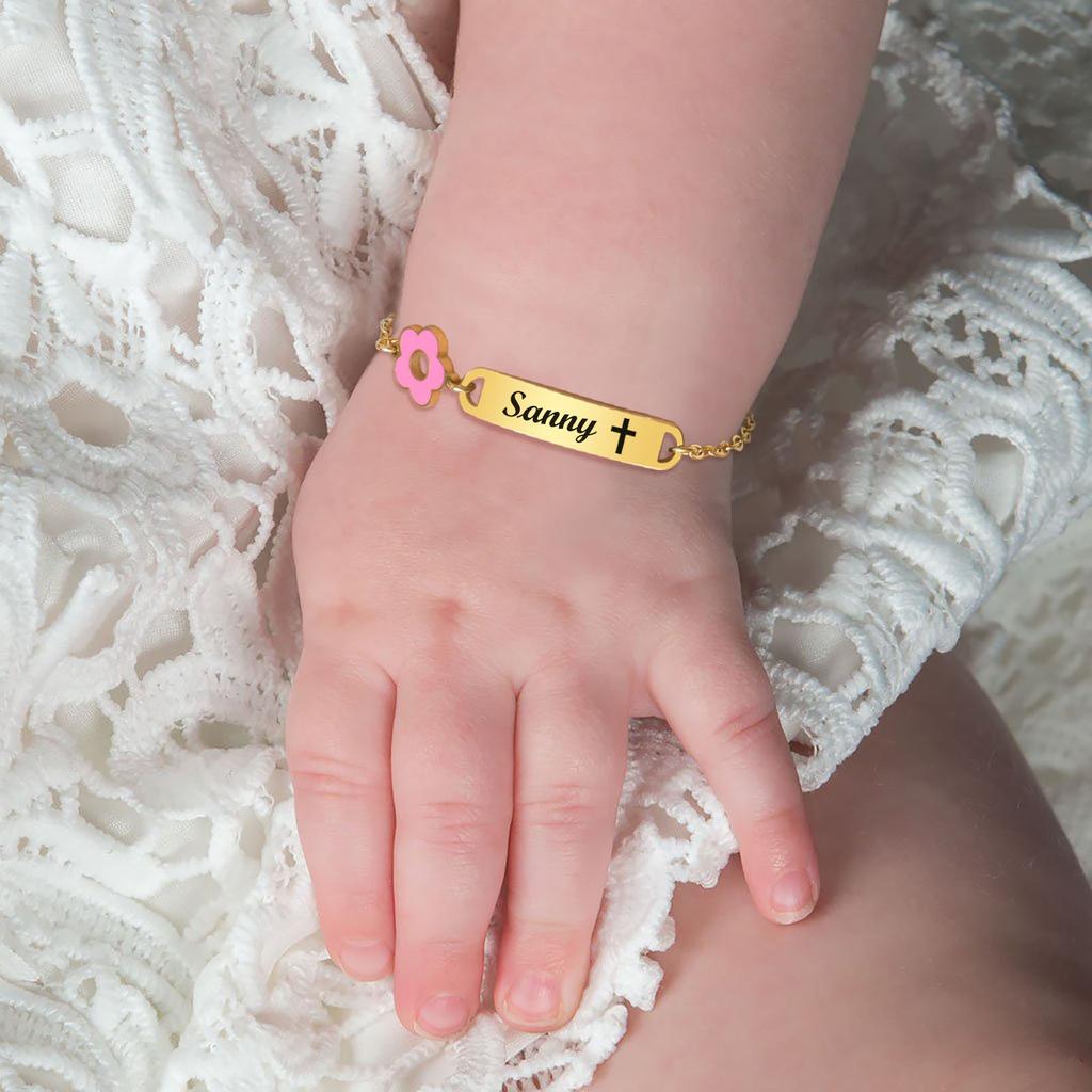 Free Engraving Name Bracelet for Little Girl Boy , Cute Flower Stainless Steel Chain Adjustble, Personalized Gift Birthday