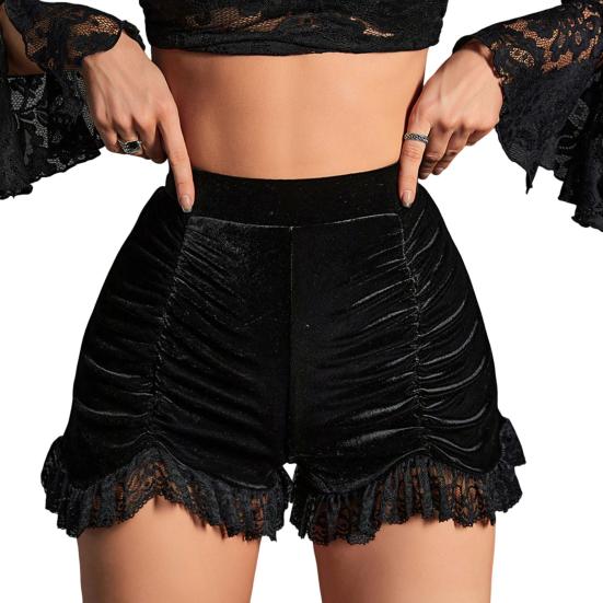 Dámské šortky Krajka Patchwork Jednobarevné Vysoký elastický pas Slim Fit Tmavý styl Skládaný Nepravidelný lem