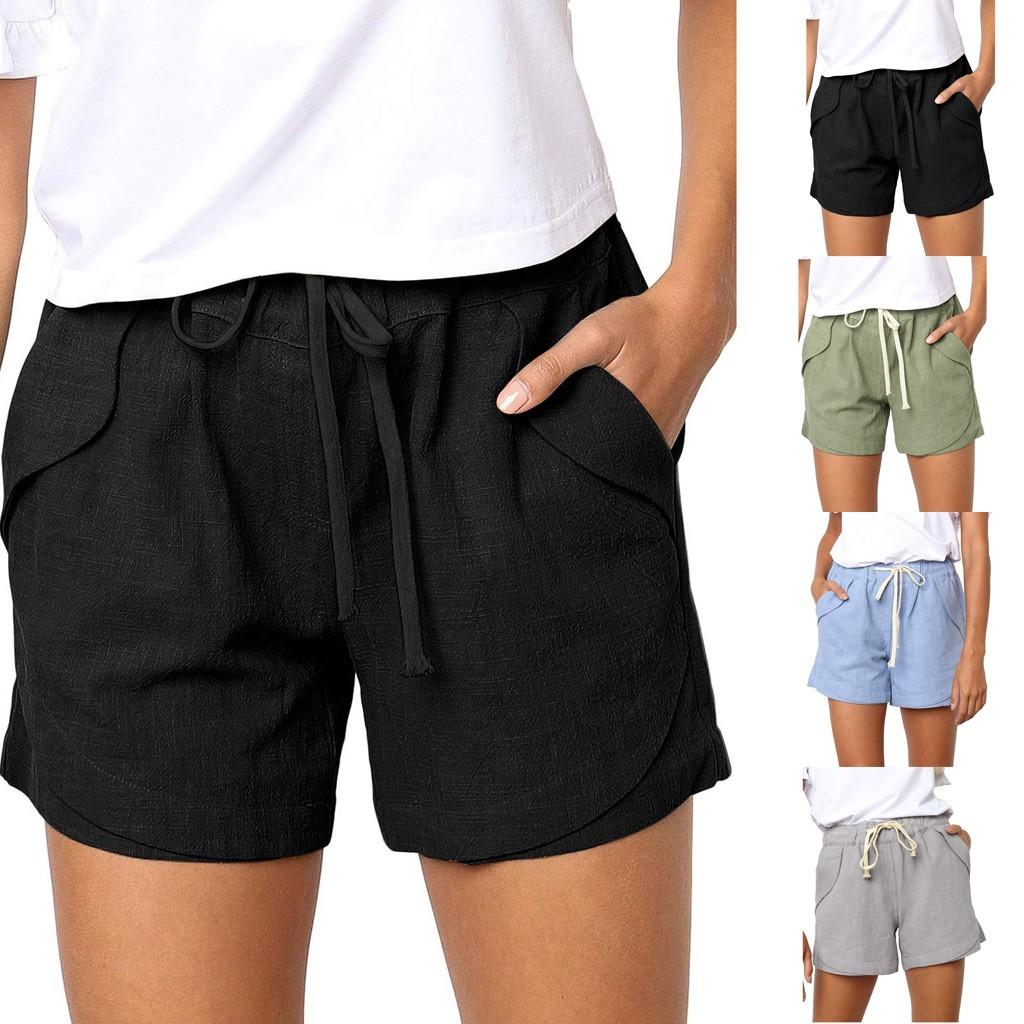 

Женские повседневные однотонные хлопковые льняные шорты с карманами и эластичной резинкой на талии, брюки