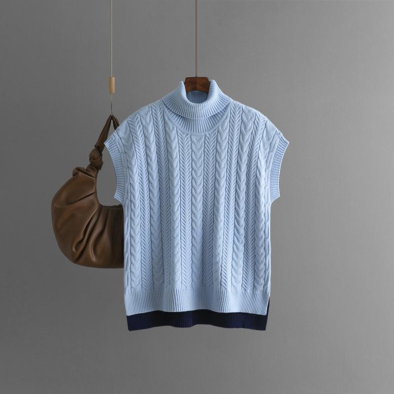 

Осень-зима Винтажный свободный большой топ без рукавов с цветными переплетениями пуловер трикотаж свитер с высоким воротником жилет One Size синий