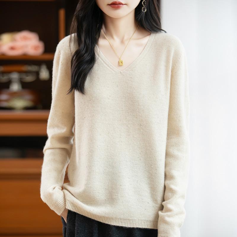 Golden Bean Autumn/Winter Women's 100% Wool V-neck Sweater - Versatile Loose Knit Top