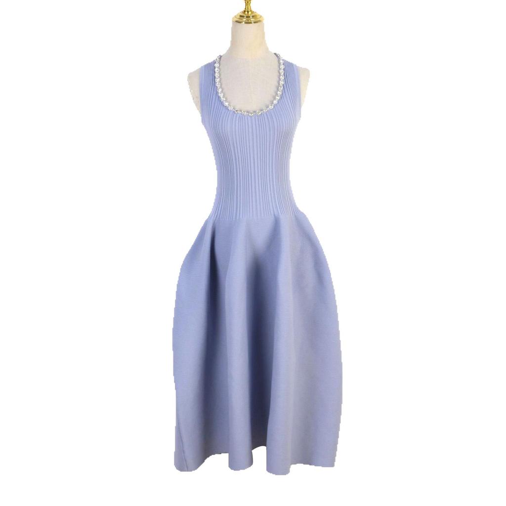Rhinestone Round Neck Sleeveless Dress - Women's Slimming French Style Knitted Tank for Spring/Summer