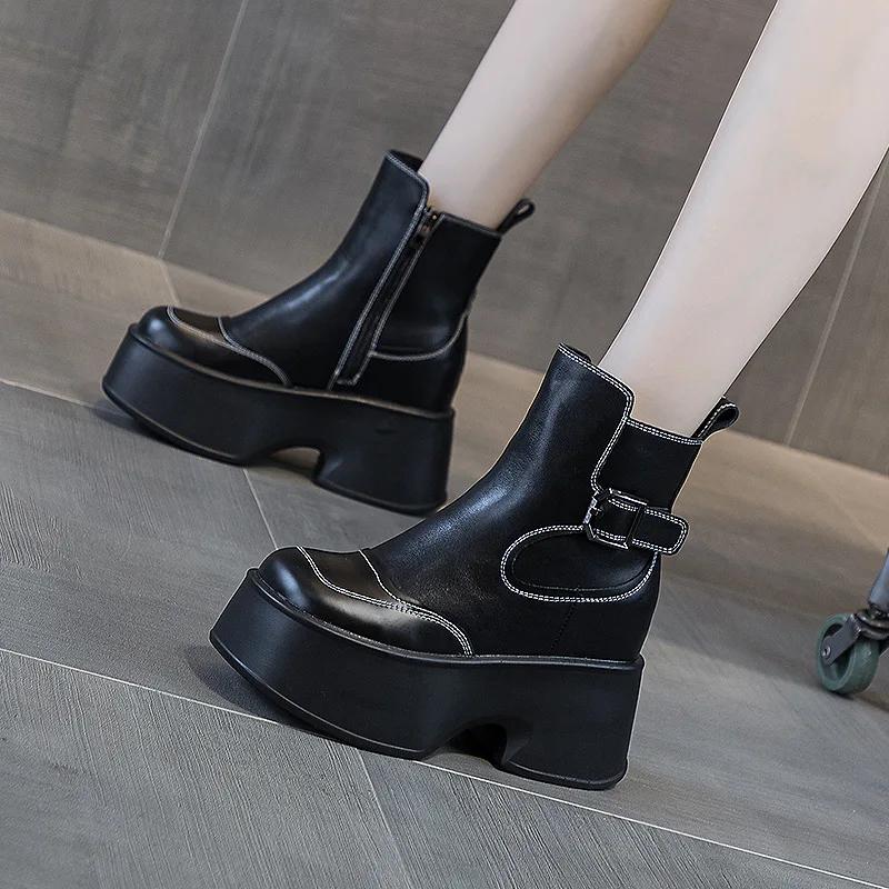 Fashion 11CM Suede Cow Genuine Leather Spring Autumn British Motorcycle Fashion ZIP Ankle Boots Platform Wedge Flats Women Shoes