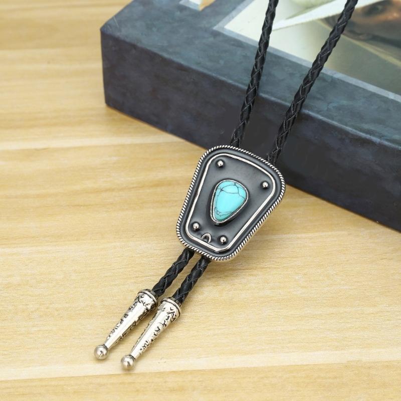 Men Women Bolo Tie Necktie Artificial Leather Braided Rope Necklace with Enamel Stone Pendant Jewelry Cowboy Neckwear