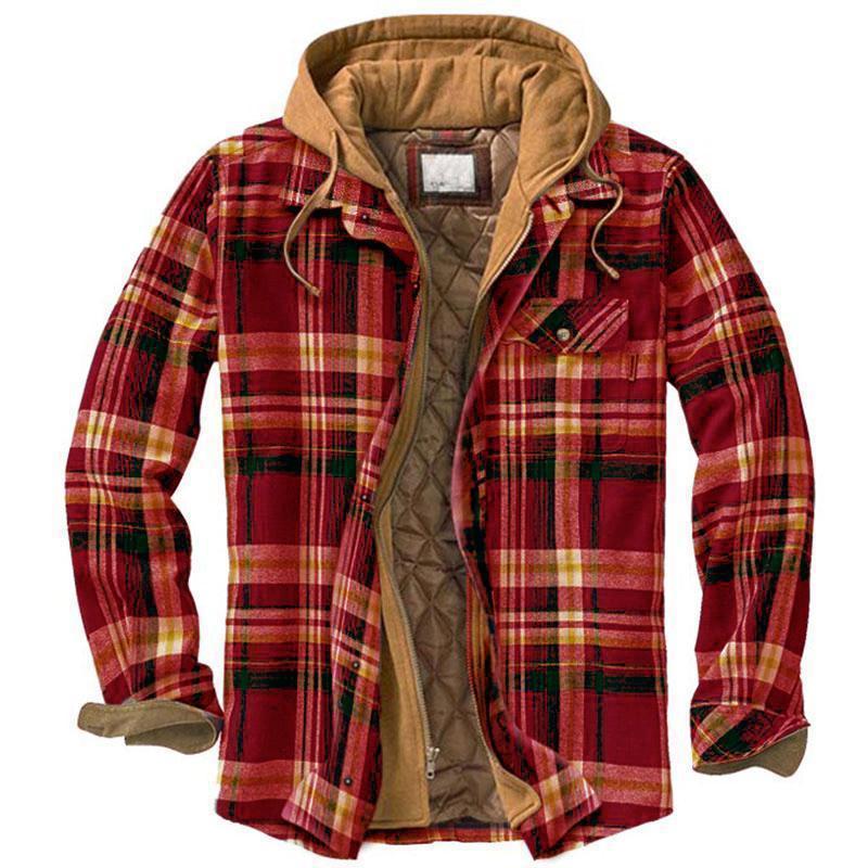 Men's Clothing European and American Autumn and Winter Thickened Cotton-padded Plaid Long-sleeved Loose Hooded Jacket