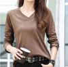Long Sleeve Solid Plus Sizes [ODFMCE] Women's T-Shirt, Autumn, V-Neck, Cotton, Color, Stylish, (JP, Alphabet, M, Brown)