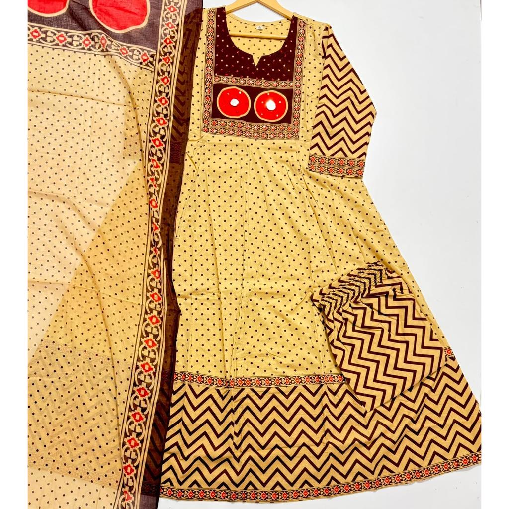 Beautiful Cotton Anarkali Kurti Pant Dupatta Set Indian Designer Top Kurta Set