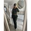 Womens Winter Casual Two-Piece Set Solid Color Zip-Up Top Straight Leg Pants Streetwear Outfit