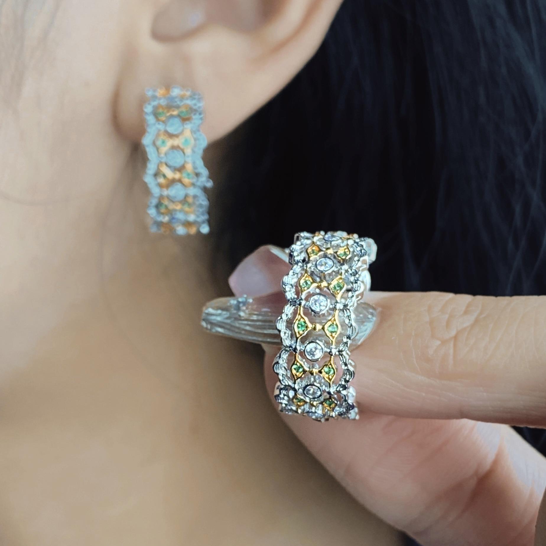 

Emerald Green Lace Hoop Earrings with Filigree and Woven Texture