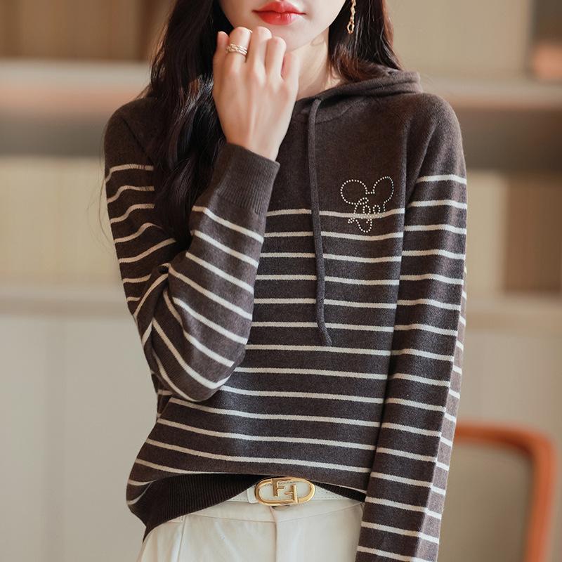 Autumn and Winter Hooded Sweater Women's Outer Thickened Fashion Knit Sweater Stripes Yanqi Thin Hooded Sweater