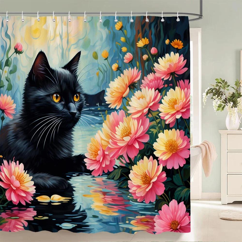 Floral Summer Shower Curtain Cat and Dog Animals Fabric Shower Curtains for Rustic Bathroom Decor Spring Plant Shower Curtain