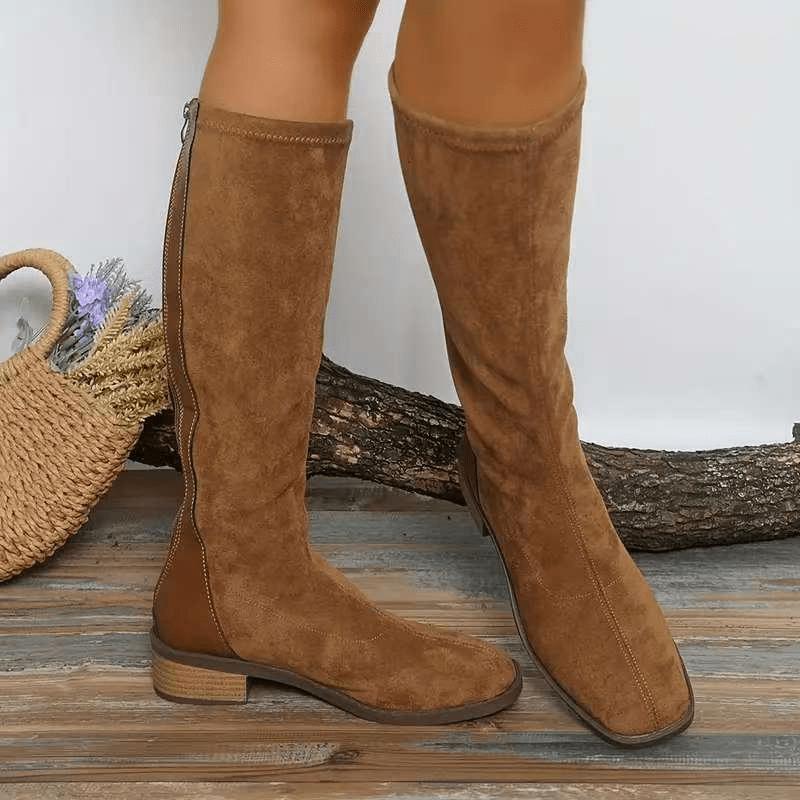Cizme Elegante de Iarnă pentru Femei - Toc Gros, Închidere cu Fermoar, Talpă de Cauciuc Antiderapantă, Ținute Formale și de Zi cu Zi - Cizme Maro pentru Sezoanele Toamnă/Iarnă