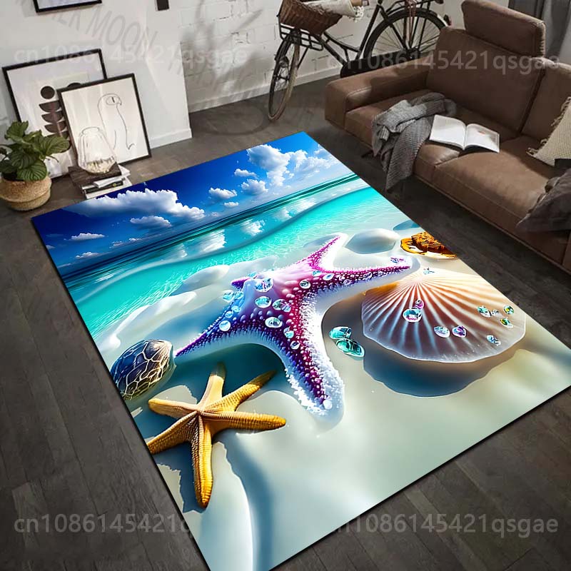1PC Starfish Shells Beach Ocean Pattern Rug Carpets for Bedroom Living Room Sofa Mat Creative Door Mat Cloakroom Home Decor