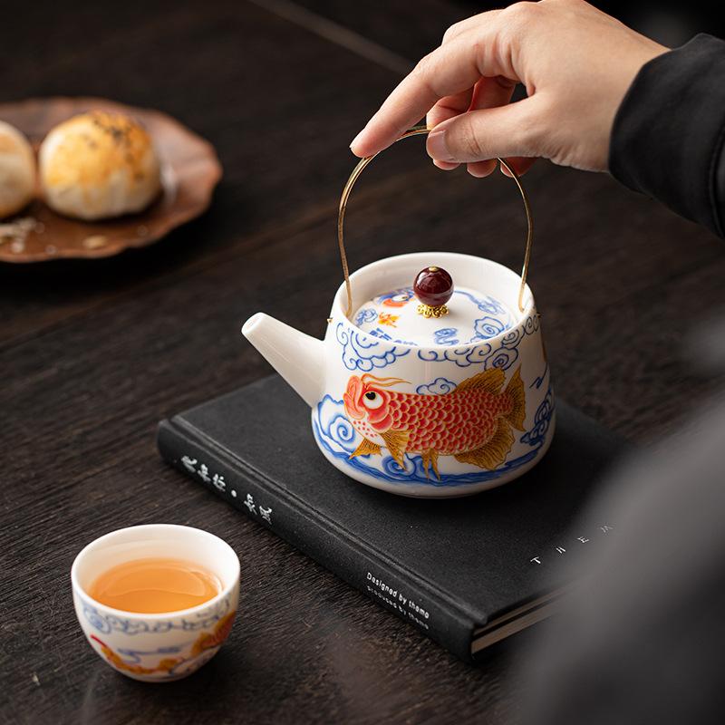 Suet Jade Arowana Beam Pot Household Teapot Tea Drinking Guochao Tea Kettle Single Pot Tea Breaker Kung Fu Tea Set
