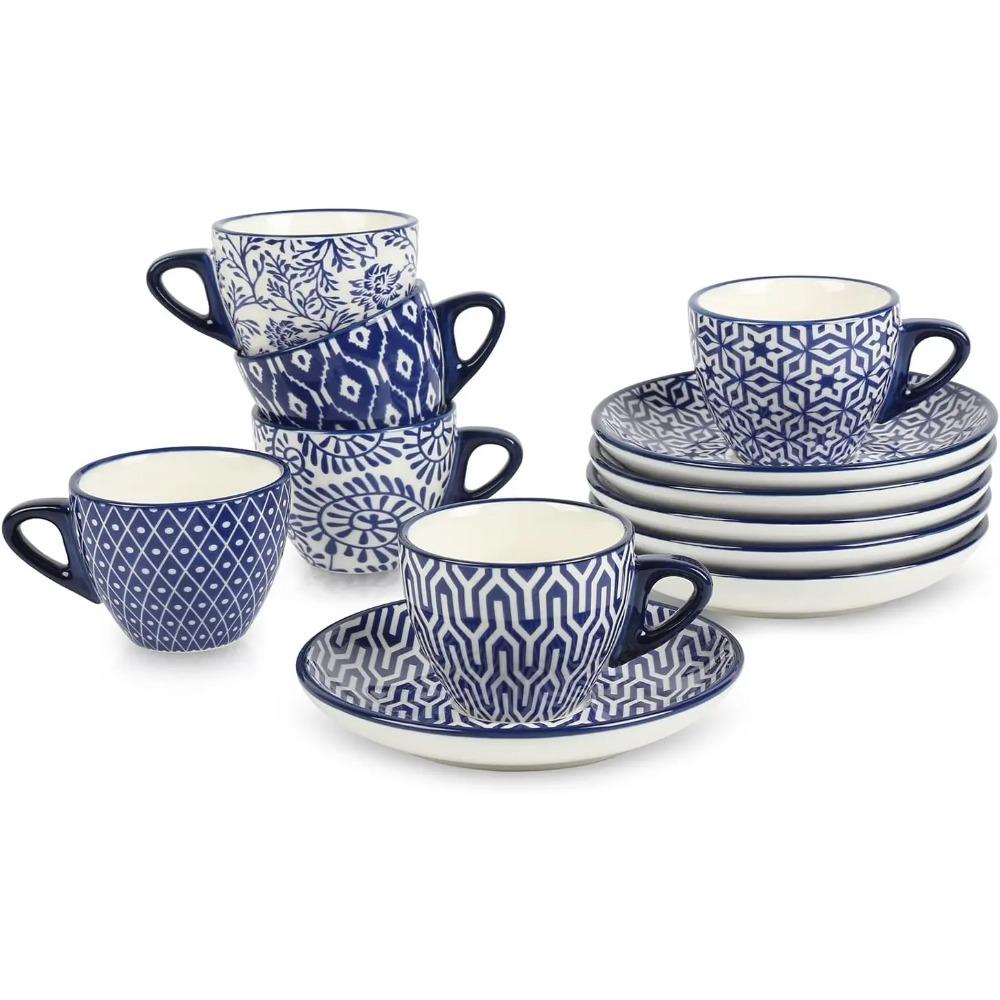 Ceramic 8 Oz Cappuccino Cup Set with Saucers, Espresso Coffee Cups, Latte Macchiato for Party Cafe Home, Set of 6