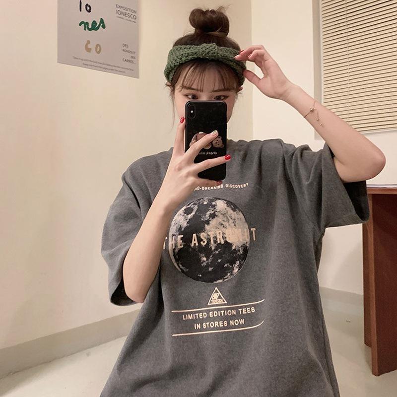 

Новая летняя корейская версия футболки с коротким рукавом для женщин, круглый вырез, свободная, студенческая, средней длины, женские топы 2XL серый