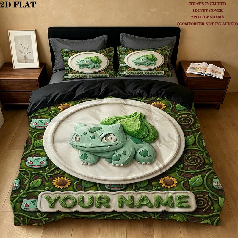 Custom Name,Bulbasaur Pattern Bedding Home Decoration Birthday Gift ( 1 duvet cover + 2 pillowcase, without core),fan merchandise.
