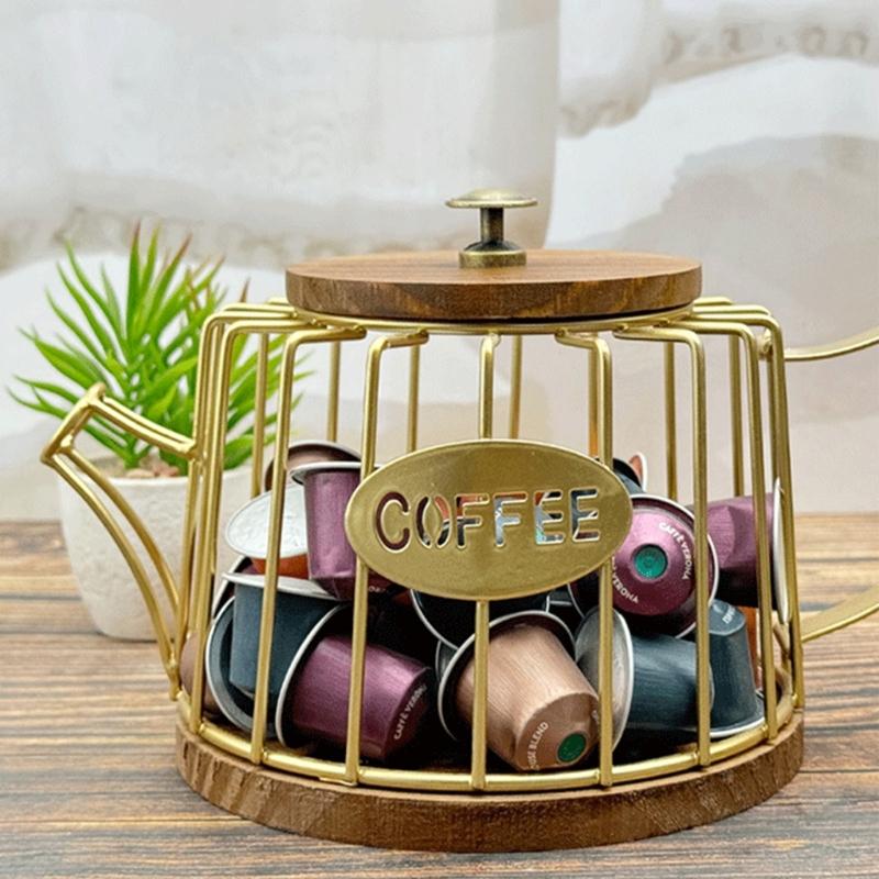 Coffee Capsules Organizer with Lid Large Capacity Espresso Pods Storage Basket Wooden Base Kitchen Countertop Cup