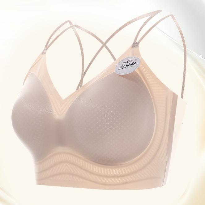 Traceless Cross Beauty Back Ice Milk Coat Gathering Lift Fixed Cup High Elastic Liquid Foundation Bra Summer