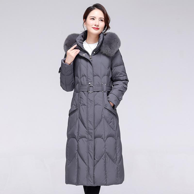 

2024 Женский длинный пуховик выше колена, приталенный, с воротником из лисьего меха XL темно-серого