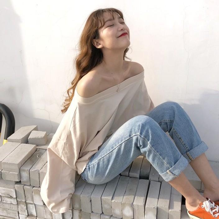 

Свободная футболка с длинным рукавом на одно плечо для женщин, новая корейская женская свободная футболка с длинными рукавами, повседневная базовая рубашка, толстовка для женщин One siz