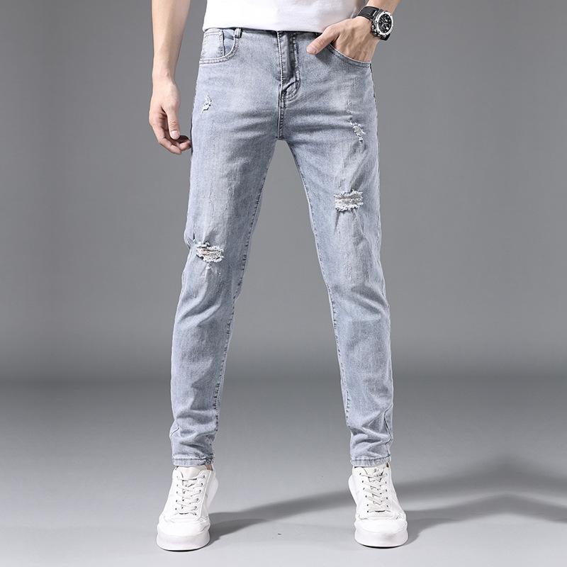 Summer men's jeans slim fit elastic pants for men Korean style trendy youth light-colored trousers