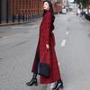 Red Plaid Wool Belted Coat with Notched Lapel Slim Fit Over Knee Simple Elegant Trench Jacket for Women