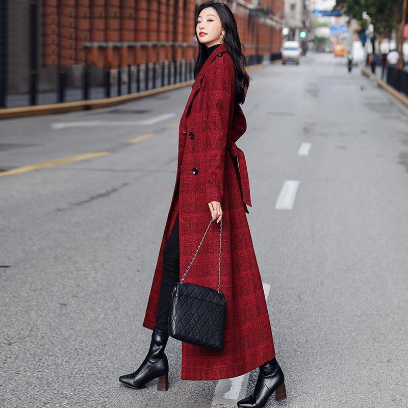 Red Plaid Wool Belted Coat with Notched Lapel Slim Fit Over Knee Simple Elegant Trench Jacket for Women