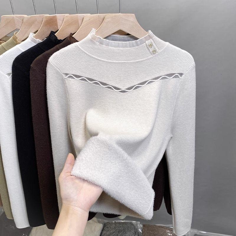 One Piece Velvet Sweater High Neck Women's Velvet Base Winter Lace Knit Sweater Inner Layer