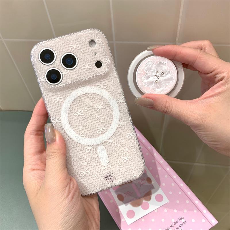 

Powder Grid Magnet Case with Bow for iPhone 17/16 Pro Max/15/14 - Lily Flower Design Apple 16 Pro Max