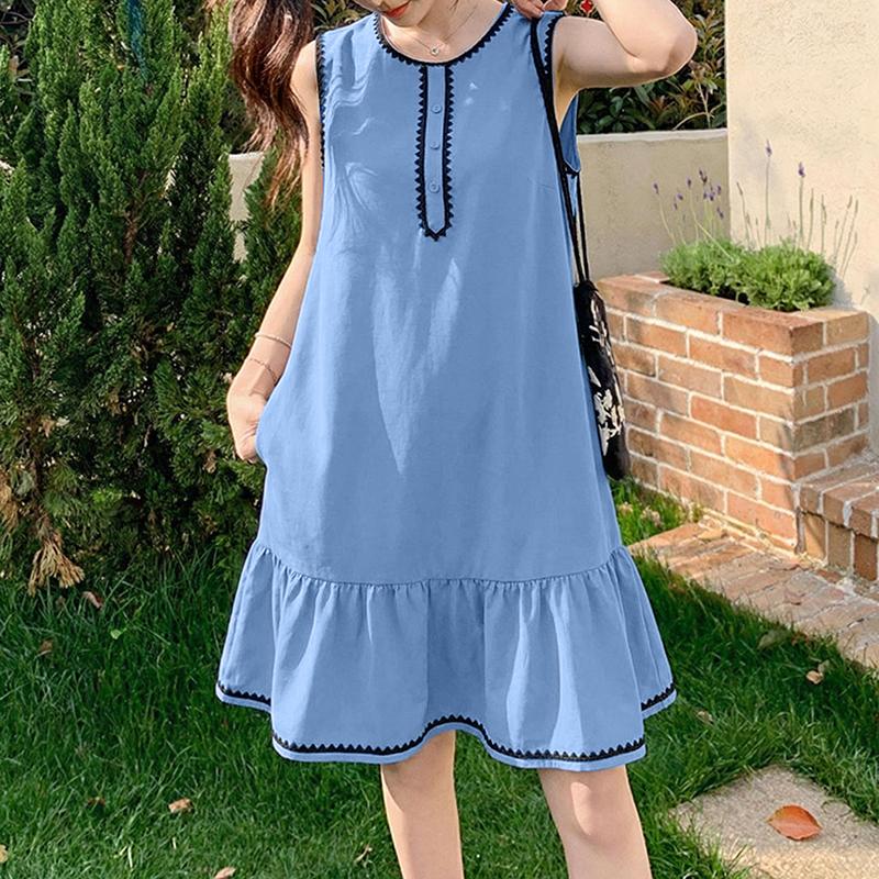ZANZEA Women Casual Round Neck Loose Sleeveless Dress