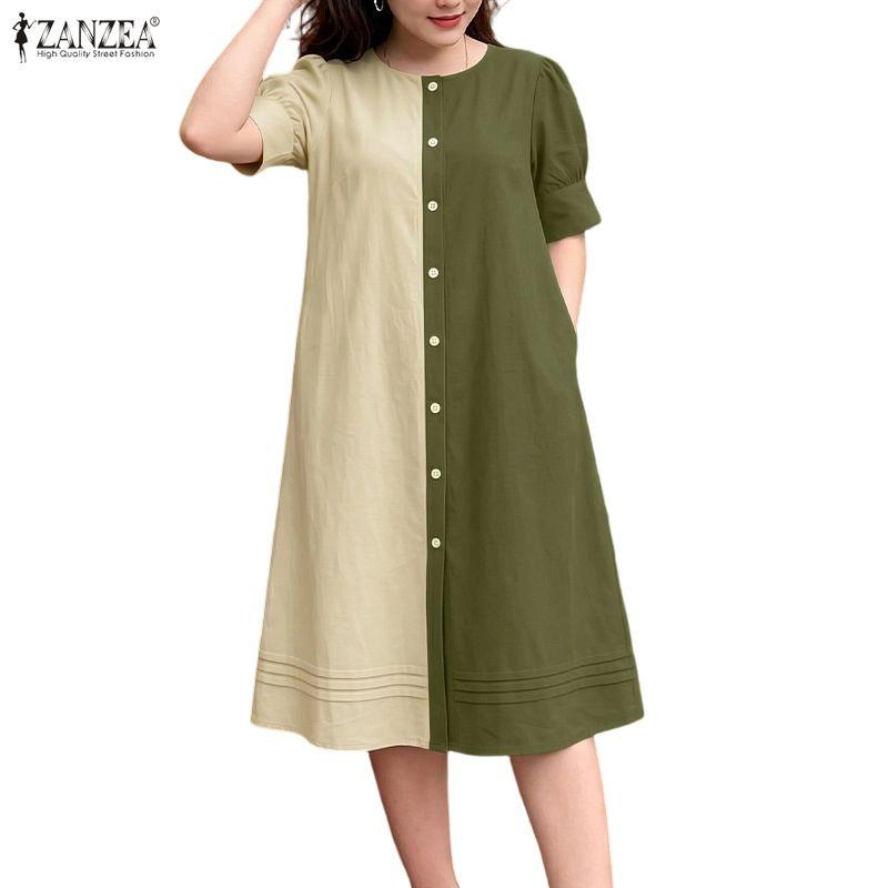 ZANZEA Women Casual Round Neck Loose Half Sleeve Patchwork Dress