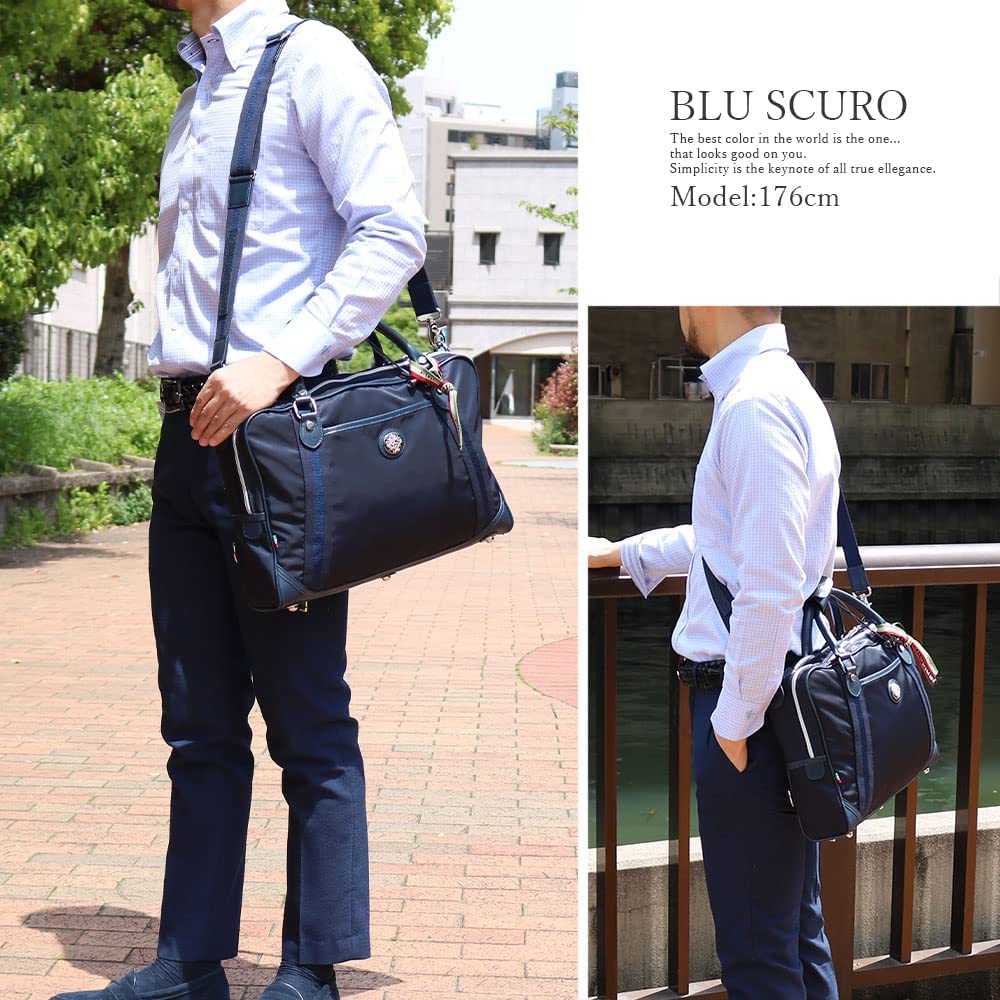 Orobianco DENVER TT 13-C (Blue-SCURONavy) 2-Way Business Bag, Genuine Leather and Limonta Nylon, Large Capacity, Men's, Made in Italy, Briefcase,