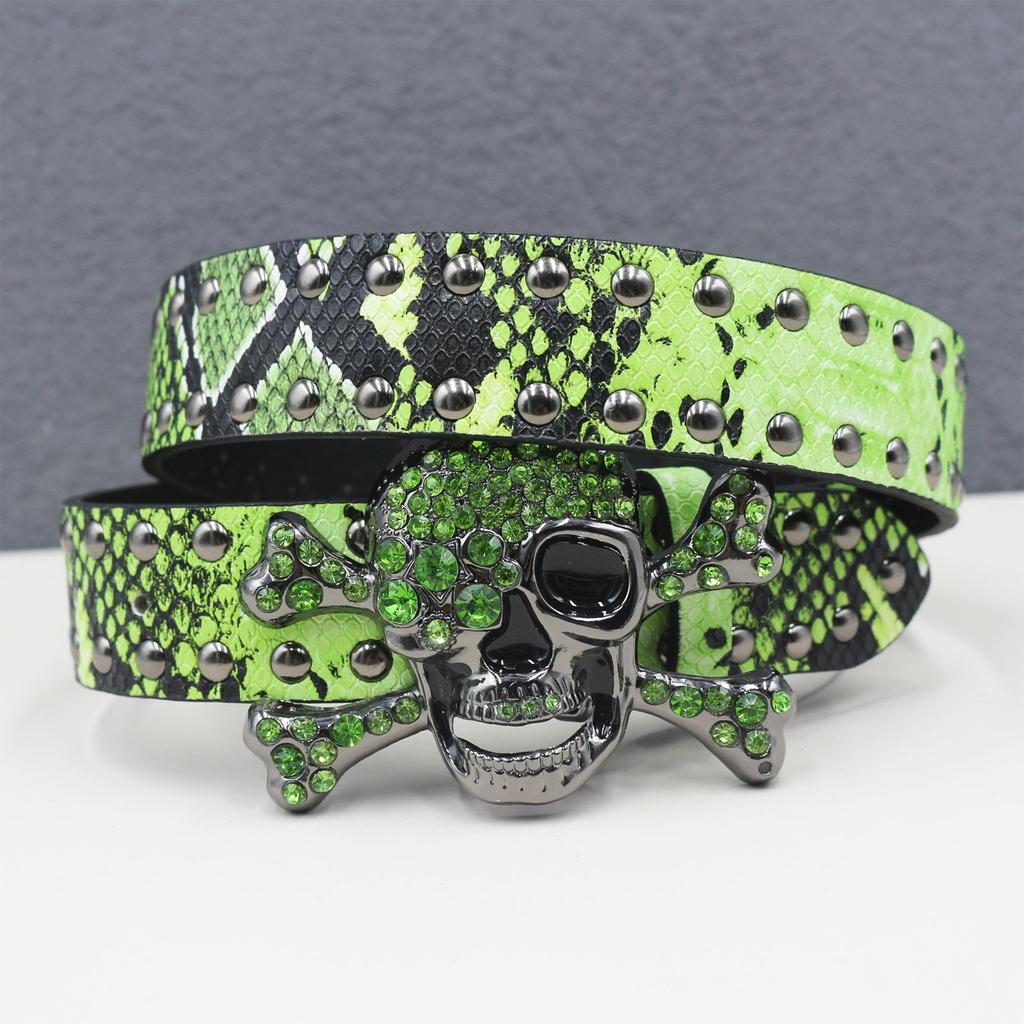 Y2K Rhinestone Skull & Snake Punk Belt - Unisex Leather with Rivet Decoration