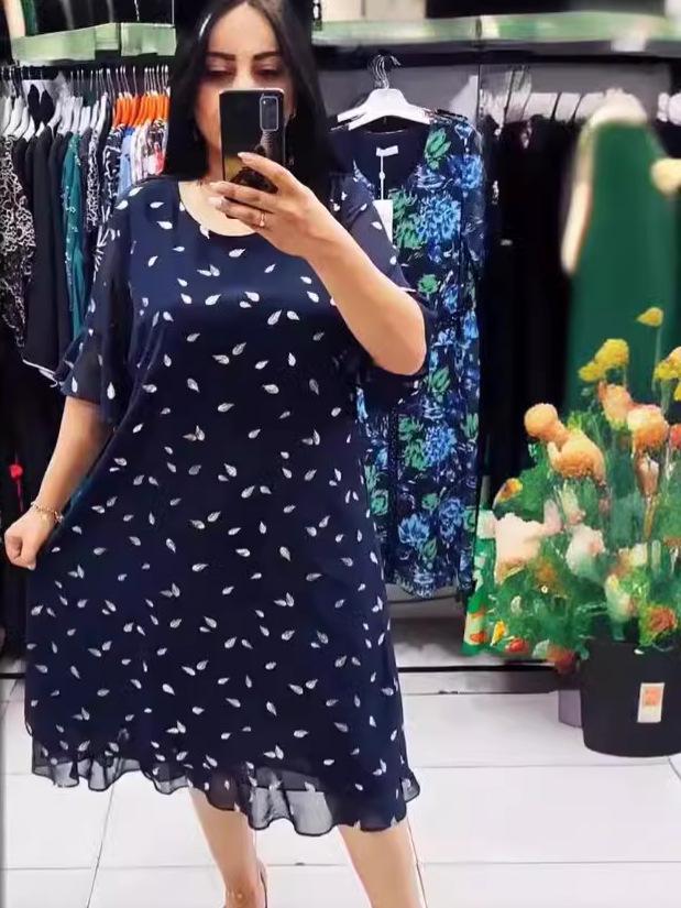 2024 Elegant Plus Size Chiffon Print Women's Short Sleeve Dress