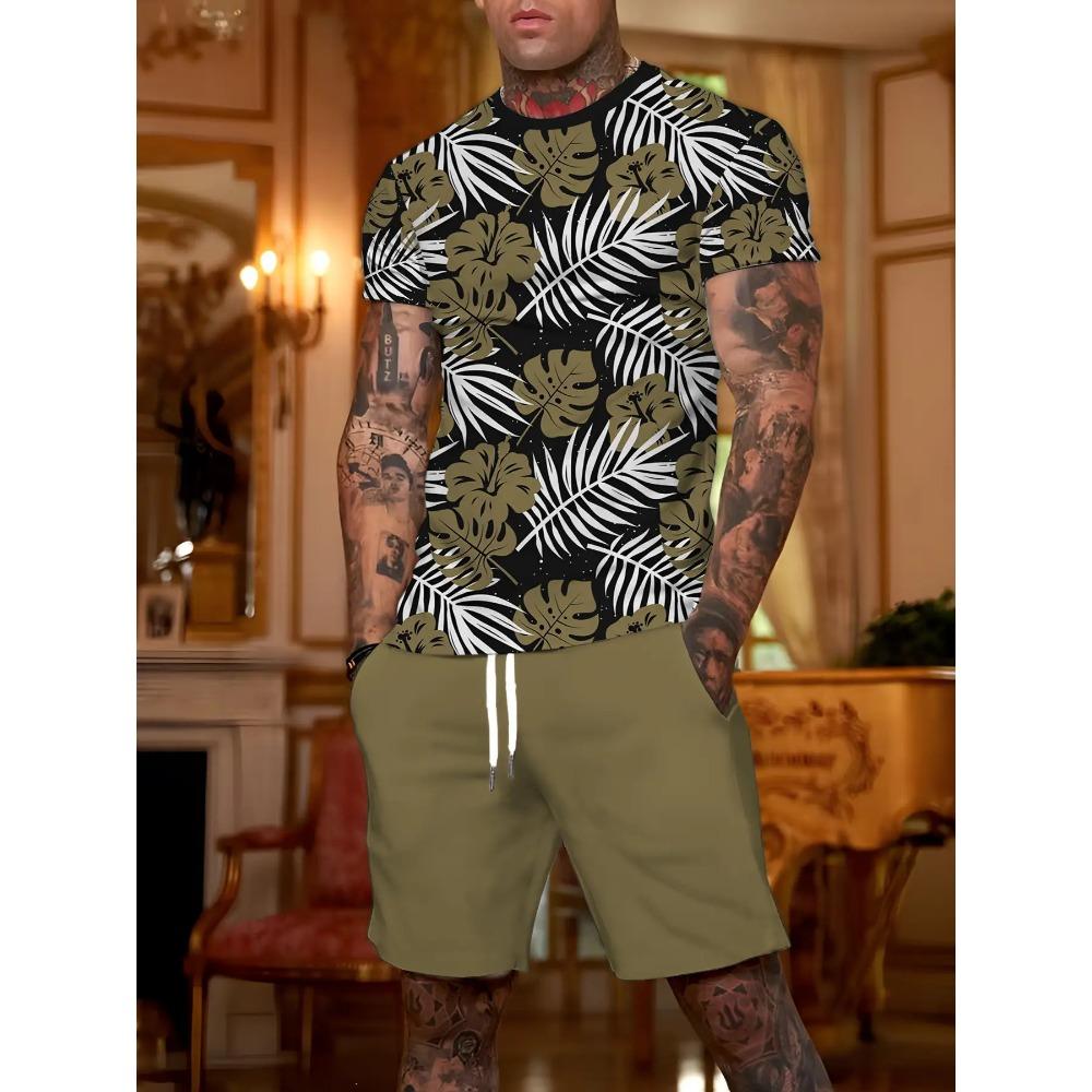 

Men s short-sleeved suit, palm leaf print, classic color scheme 6XL