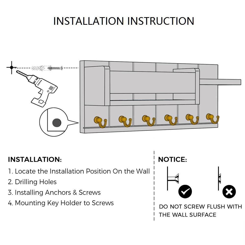 Dekoratyvinė raktų lentyna ir pašto dėžutė su 6 raktų kabliukais, kaimiškas medinis raktų laikiklis, montuojamas ant sienos su lentyna, skirta svetainės įėjimui