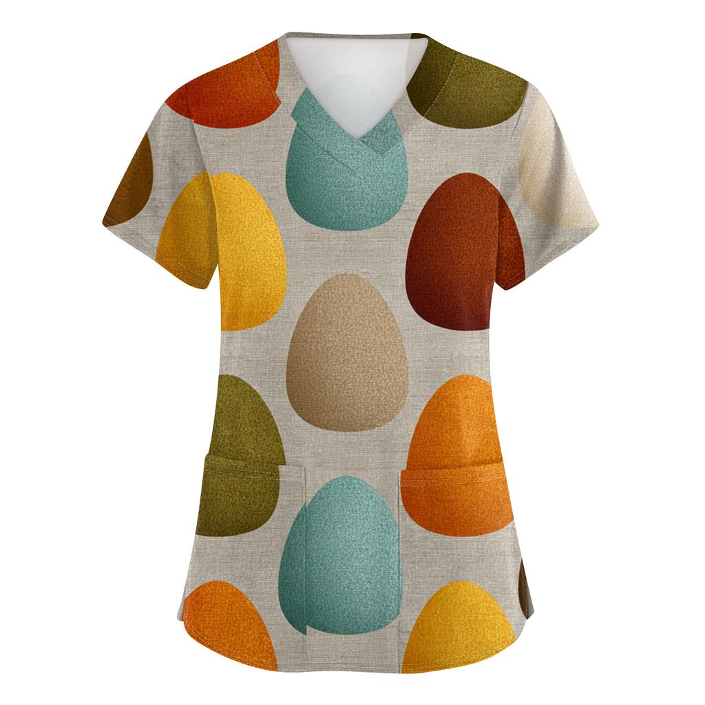 Women's Fashion V-Neck Short-Sleeved Workwear With Pockets Easter Print Top Caregiver Uniform