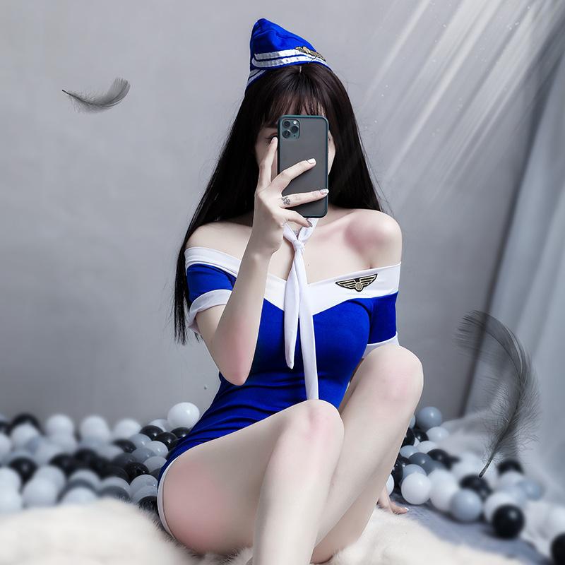 Sexy lingerie stewardess uniform cosplay shoulder seduction crotch passion suit perspective nightclub girl