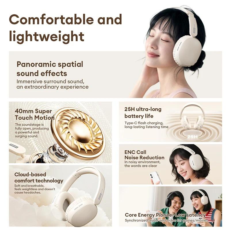 Original Lenovo LS106 Bluetooth 6.0 Headset Over Ear Lightweight Wireless Headphones HiFi Sound ENC Noise Cancelling Mic for Phone PC