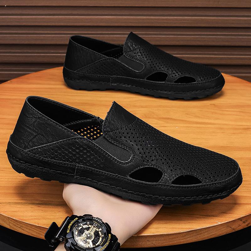 Fashion Outdoor Sandals for Men Summer Slip on Shoes Microfiber Leather Male Casual Shoes Hollow Out Loafers Breathable Driving Footwear