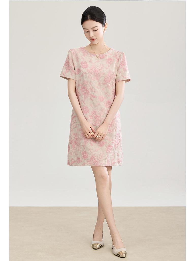 Nanyou Elegant Embroidered Jacquard Linen A-line Dress with Waist-cinching Short Sleeves for Spring/Summer Style