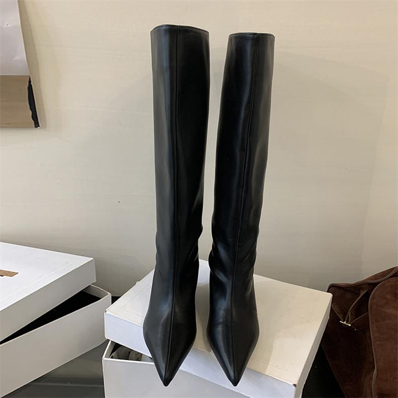 Eilyken Winter Designer Soft Leather Wedges Low Heels Women Knee High Boots Fashion Pointed Toe Long Booties Botines De Mujer