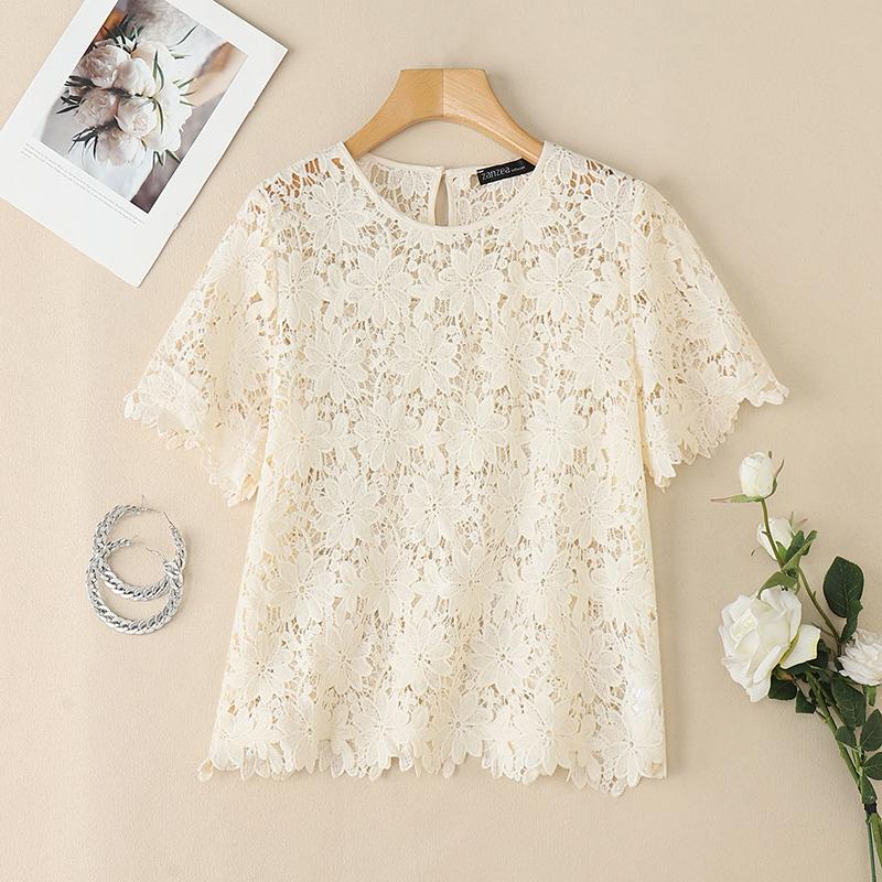 ZANZEA Women Casual Round Neck Hollow Out Lace Short Sleeve Blouse