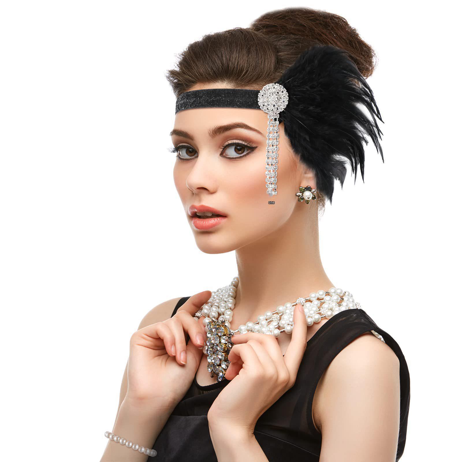 1920s Retro Party Pearl Necklace & Feather Headband Set - Gloves & Accessories for Halloween or Festival Gatherings One Size
