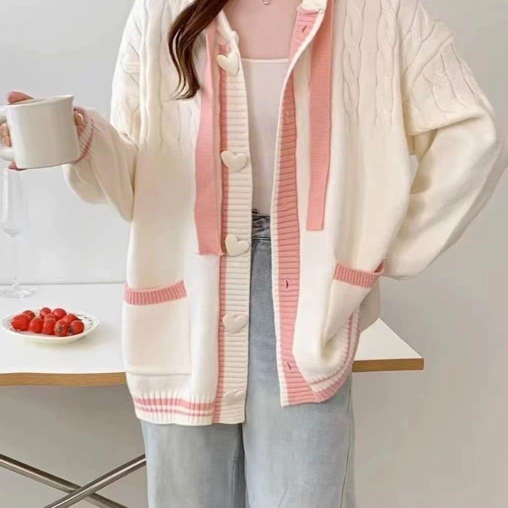 Jmprs Cute Sweet Cardigan Sweaters Women Lazy Wind White Knitted Coats Long Sleeve Loose Female Japan Kawaii Elegant Hooded Tops