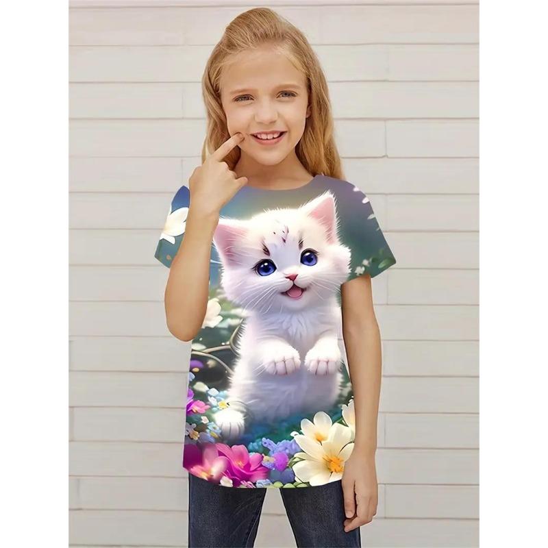 Cartoon Animal Cat Dog Kids Adult Printed T-shirt Summer Casual Outdoor Girl and Boy Short Sleeve Tees Top Clothing