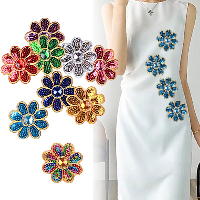 10Pcs Sequins Embroidery Cloth Stickers Small Octagonal Flower Performance Costume Ethnic Costume Accessories Iron-On Stickers