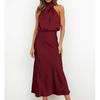 Abito da Sposa Estivo Senza Maniche con Spalle Scoperte in Seta Satinata alla Moda Abito Sexy da Damigella Elegante Abito Lungo da Sera per Feste 28057