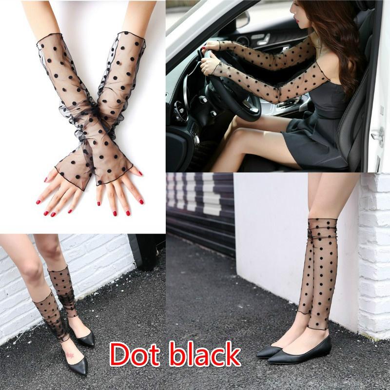 Women's Sun Protection Cuff Summer Driving Ice Sleeve Thin Mesh Socks Feet Dual Use Lace Gauze Gloves